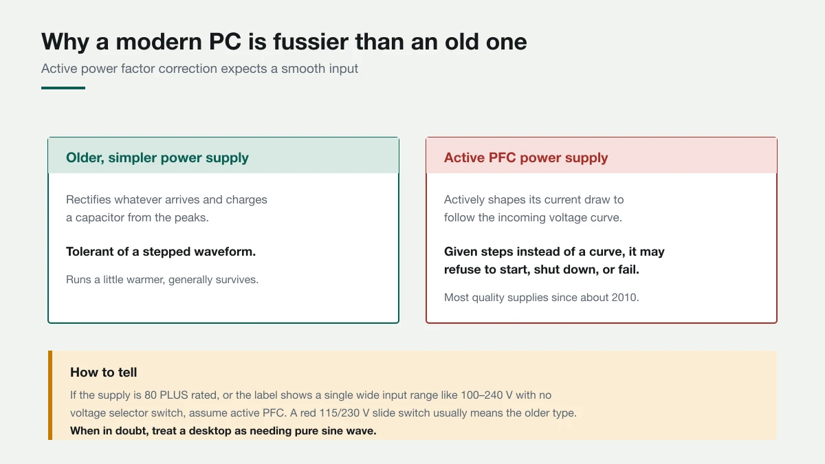 Most quality PC power supplies made since about 2010 use active PFC. Comparison of an older simple power supply that tolerates a stepped waveform against an active PFC supply that shapes its current draw and may refuse to start on modified sine wave.