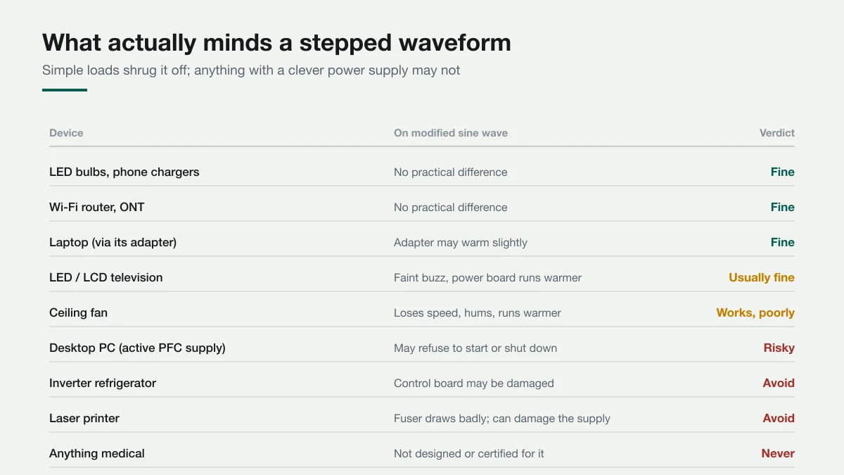 Simple loads shrug it off. Devices with an intelligent power supply may not. Table of household devices rated for how they behave on modified sine wave, from LED bulbs and routers which are fine, through televisions and fans, to desktop PCs and inverter fridges which are risky.