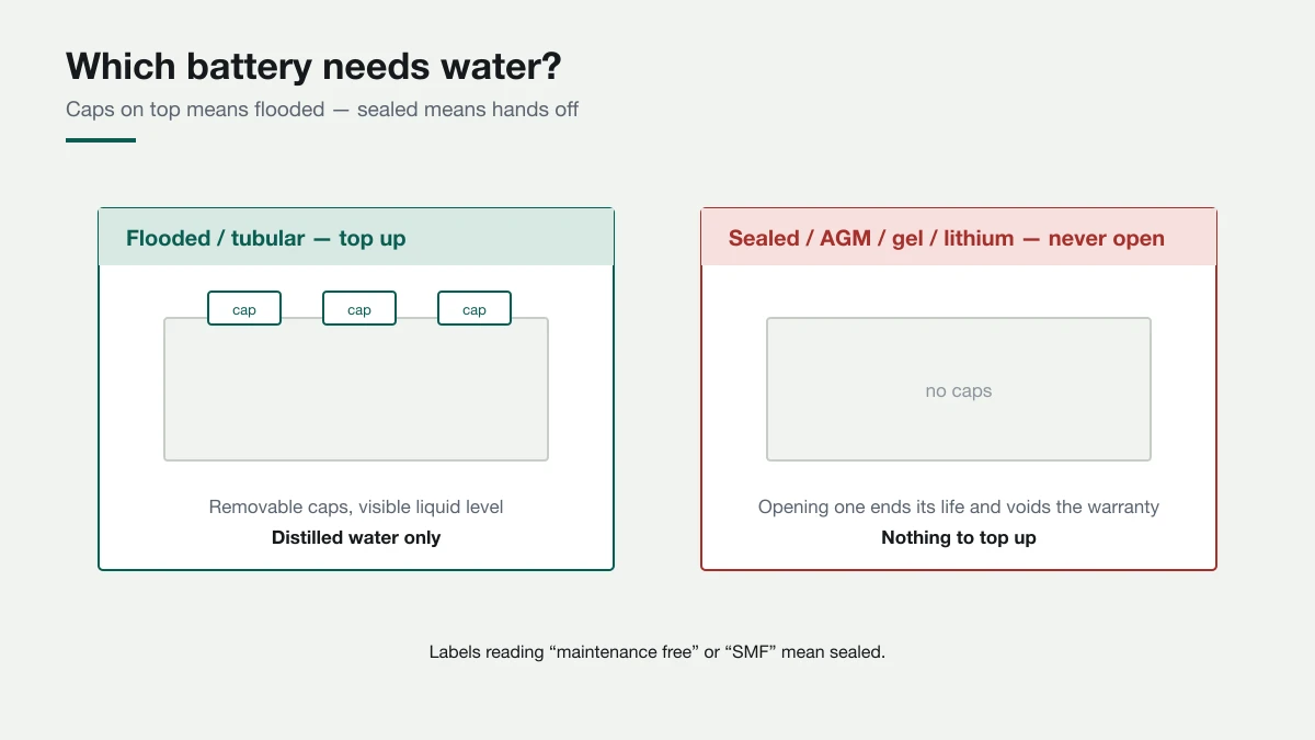 Caps on top mean you top up. No caps means the battery is sealed for life. Comparison of a flooded tubular inverter battery with removable caps that needs distilled water, and a sealed maintenance-free or lithium battery that must never be opened.