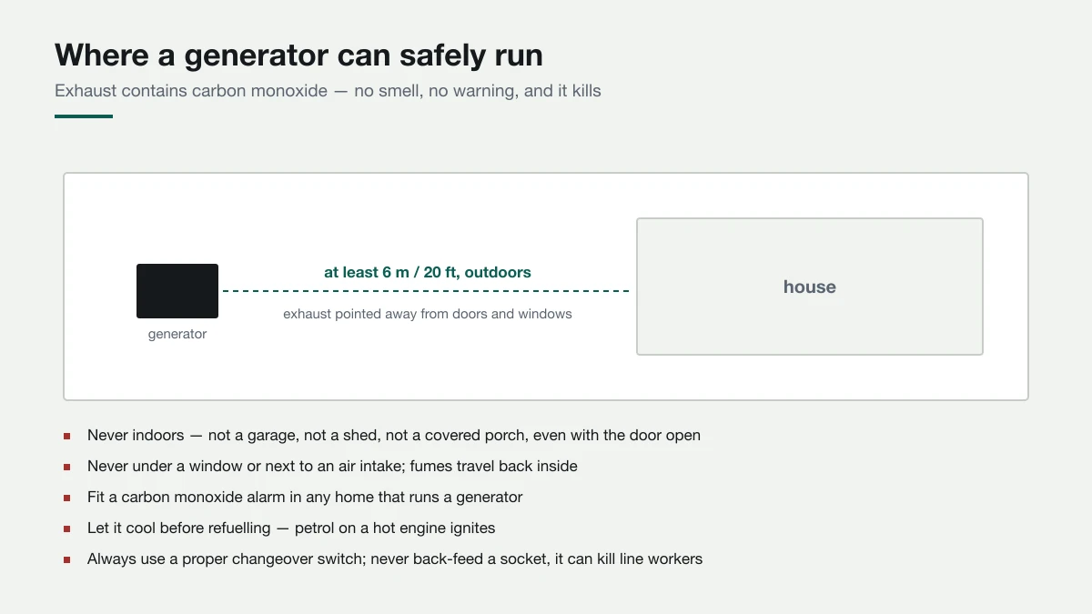 Diagram showing a generator placed at least six metres from a house with exhaust directed away from doors and windows, alongside a list of carbon monoxide safety rules.