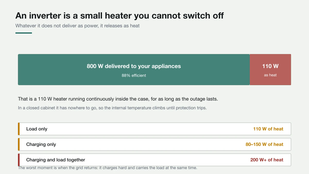 Diagram showing an inverter delivering 800 watts at 88 percent efficiency also releases 110 watts as heat, with heat output rising above 200 watts when charging and supplying load at once.