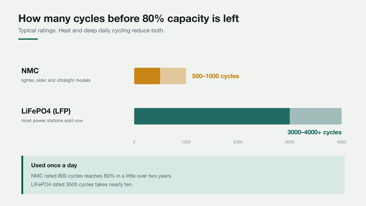 Bar chart comparing typical cycle life to 80 percent capacity: NMC at around 500 to 1000 cycles and LiFePO4 at around 3000 to 4000.