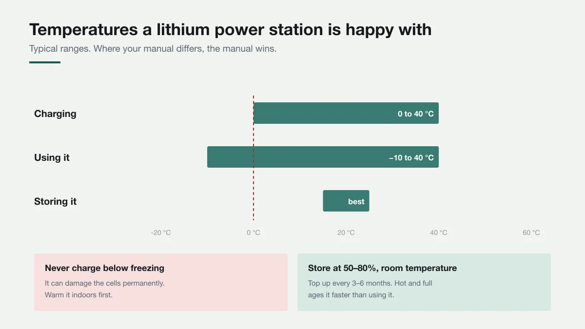 Chart of safe temperature ranges for a lithium power station: charging roughly 0 to 40 degrees Celsius, discharging roughly minus 10 to 40, and storage best around 15 to 25 at partial charge.