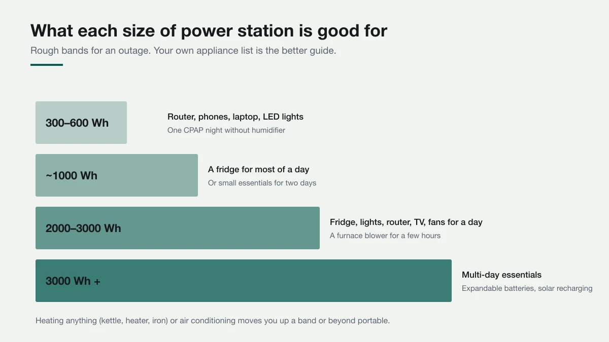 Chart of power station capacity bands with typical uses: 300 to 600 watt-hours for phones, laptops, router and one CPAP night, around 1000 watt-hours for a fridge for most of a day, 2000 to 3000 for household essentials for a day, and expandable systems for multi-day outages.