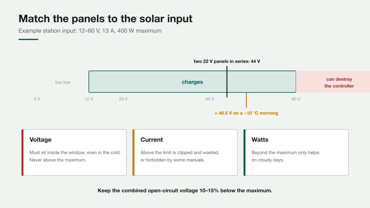 Diagram of a power station's solar input window, showing a minimum and maximum voltage, a current limit, and two panels in series landing inside the window.