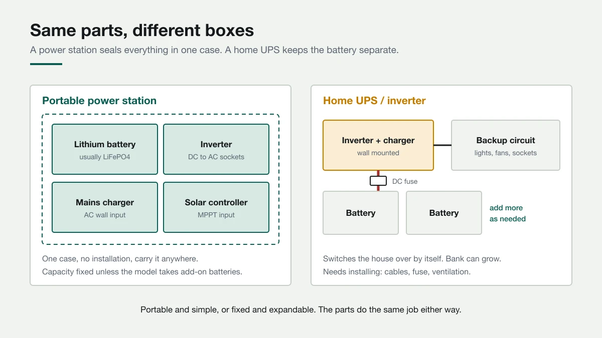 Diagram comparing what is inside a portable power station, battery, inverter, AC charger and solar controller in one case, with a home UPS setup where the inverter and charger are one unit and the battery bank is separate.