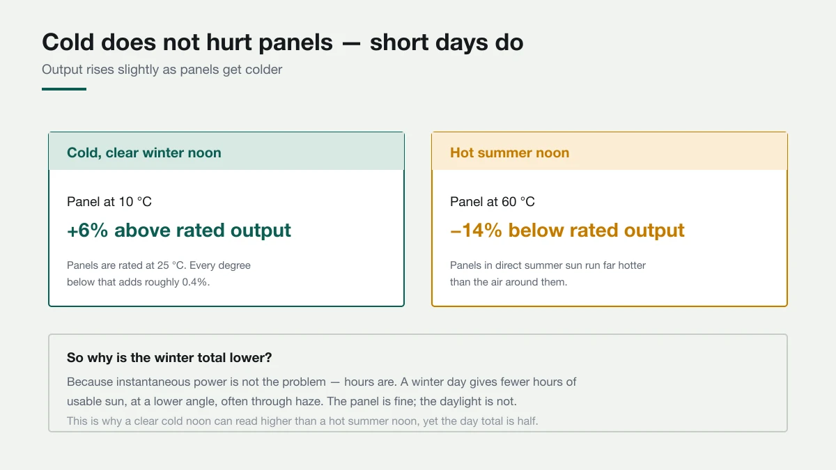 Panels are rated at 25 °C. They get more efficient as they get colder, not less. Comparison showing a solar panel at 10 degrees producing 6 percent above rated output, while a panel at 60 degrees in summer produces 14 percent below rated output.