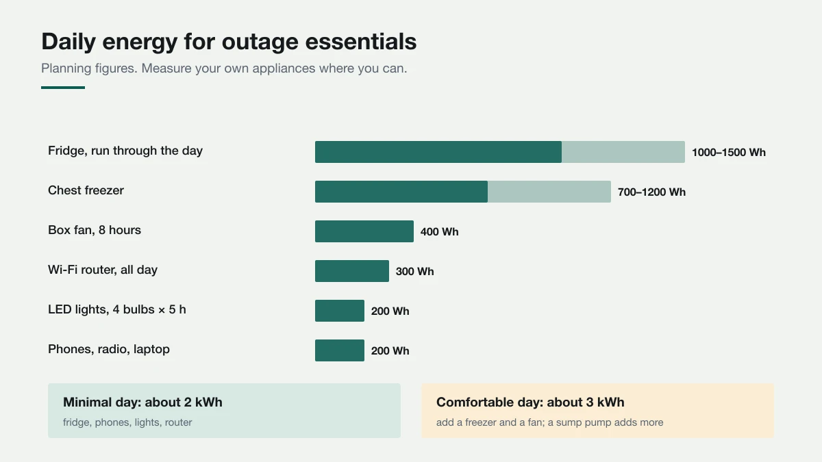 Table of daily energy for storm outage essentials: fridge, phones and radio, LED lights, router, a fan, and a sump pump, with totals for a minimal and a comfortable day.