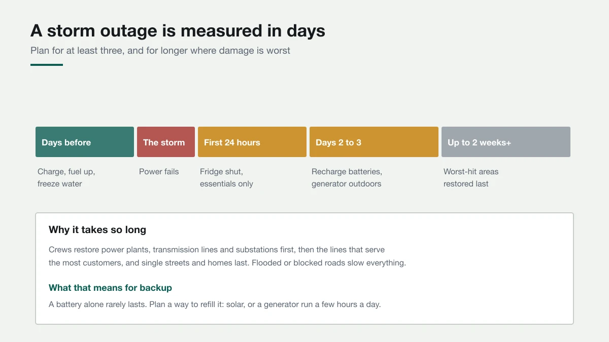 Chart of a typical storm outage timeline: preparation in the days before, the storm, the first 24 hours without power, and restoration over the following days to two weeks.