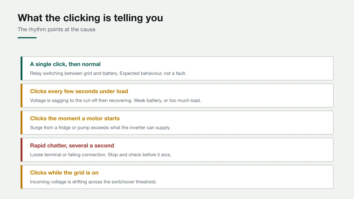 The interval between clicks narrows down the cause faster than anything else. Diagnostic table matching clicking patterns to causes: a single click is normal switching, repeated clicks under load mean voltage sag, clicks on motor start mean surge, and rapid chatter means a loose connection.