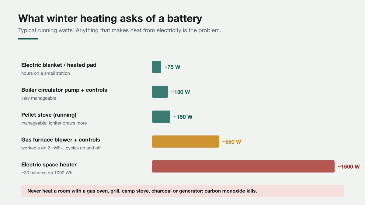 Bar chart comparing the power drawn by a gas furnace blower, a boiler circulation pump, a pellet stove, an electric blanket and an electric space heater.