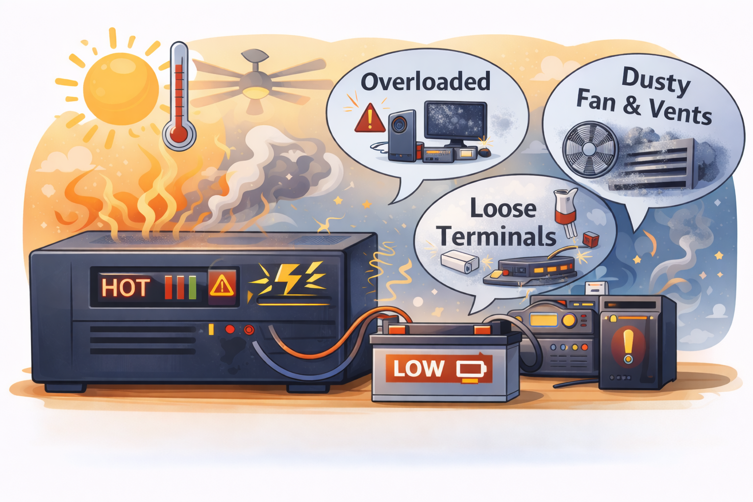 Illustration of a home UPS/inverter overheating in summer heat during load shedding, showing warning signs like “HOT,” overloaded load, dusty fan/vents, and loose battery terminals.