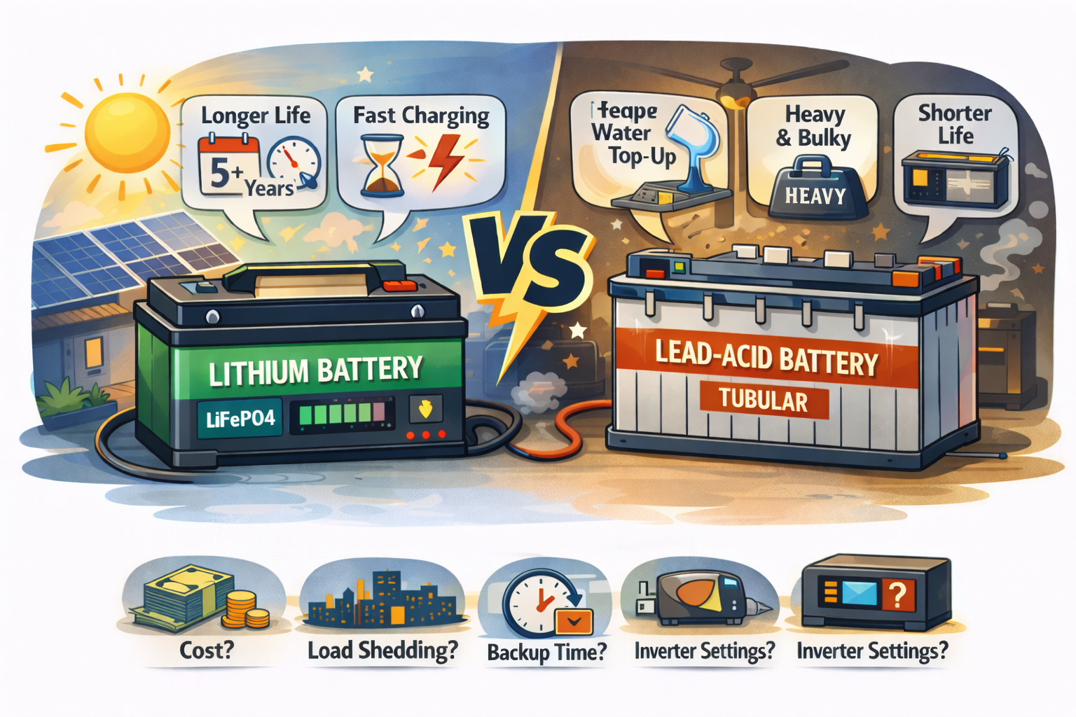 Illustration comparing a lithium (LiFePO4) battery and a lead-acid tubular battery for home UPS/inverter use during load shedding, highlighting differences like charging speed, lifespan, weight, and maintenance.