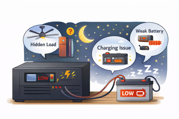 Flat illustration of a home inverter showing LOW with a connected battery drained overnight, with callouts for hidden load (fan), charging issue, and weak battery.