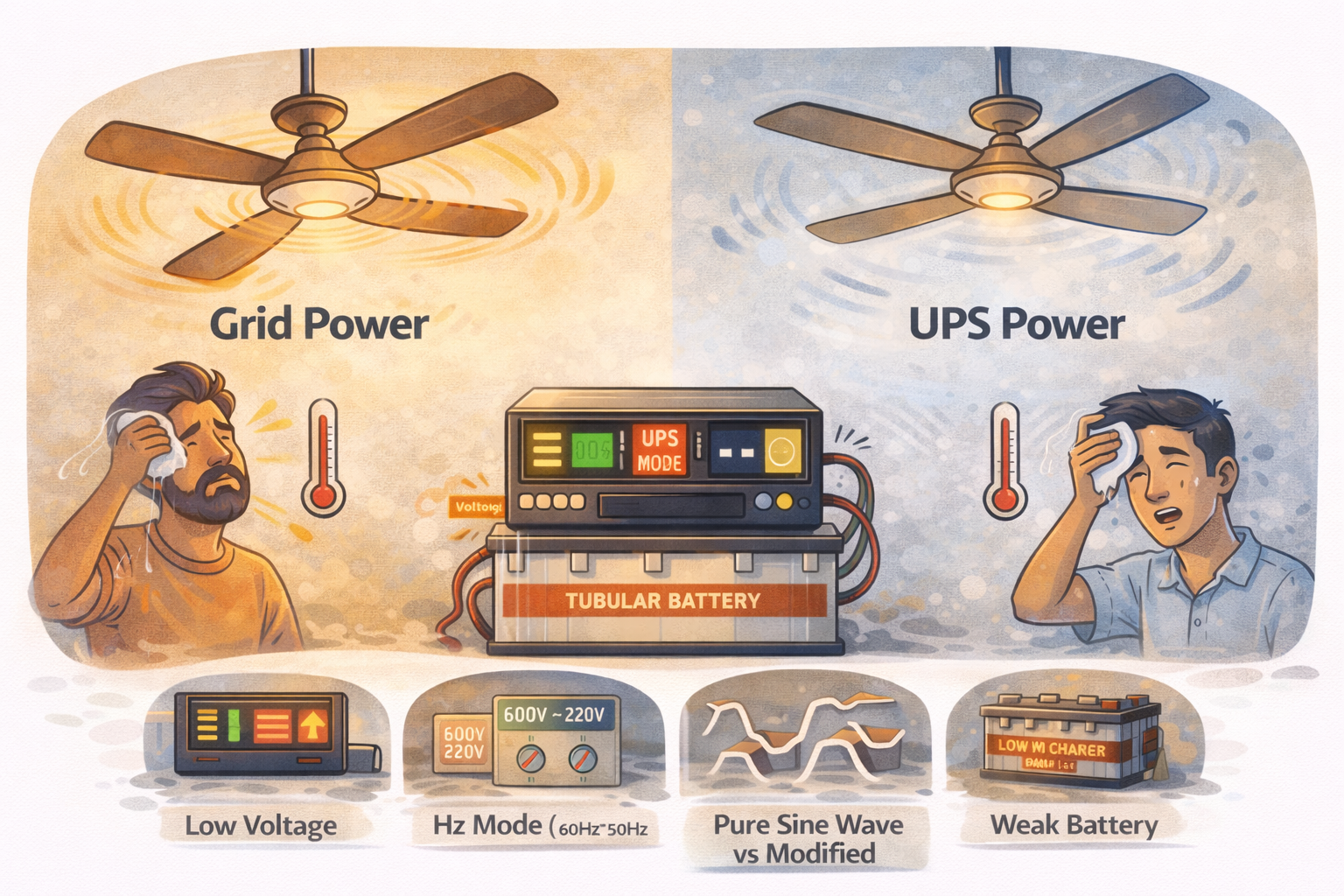 Illustration comparing a ceiling fan on grid power versus UPS power, showing slower fan speed on UPS with common causes like low voltage, wrong Hz setting, modified sine wave output, and weak battery.