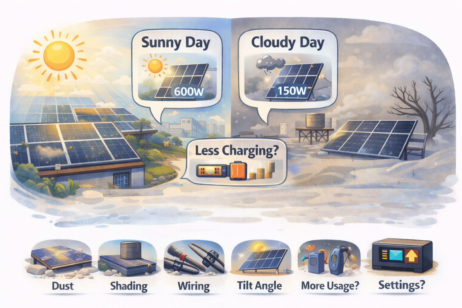 Illustration comparing solar panel output on a sunny winter day versus a cloudy/smoggy day, showing reduced power generation and common causes like dust, shading, wiring issues, panel tilt, higher usage, and inverter settings.