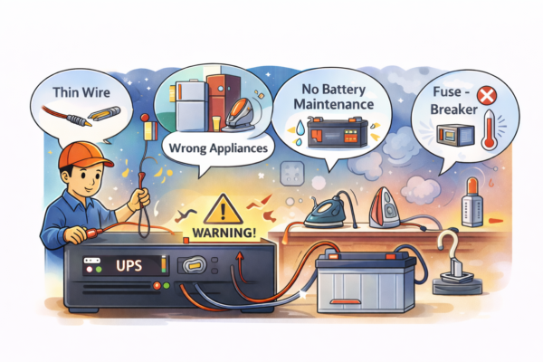 Flat illustration of a home UPS with battery and wiring, showing common installation mistakes like thin cables, wrong appliances on UPS line, no battery maintenance, and missing fuse/breaker protection.
