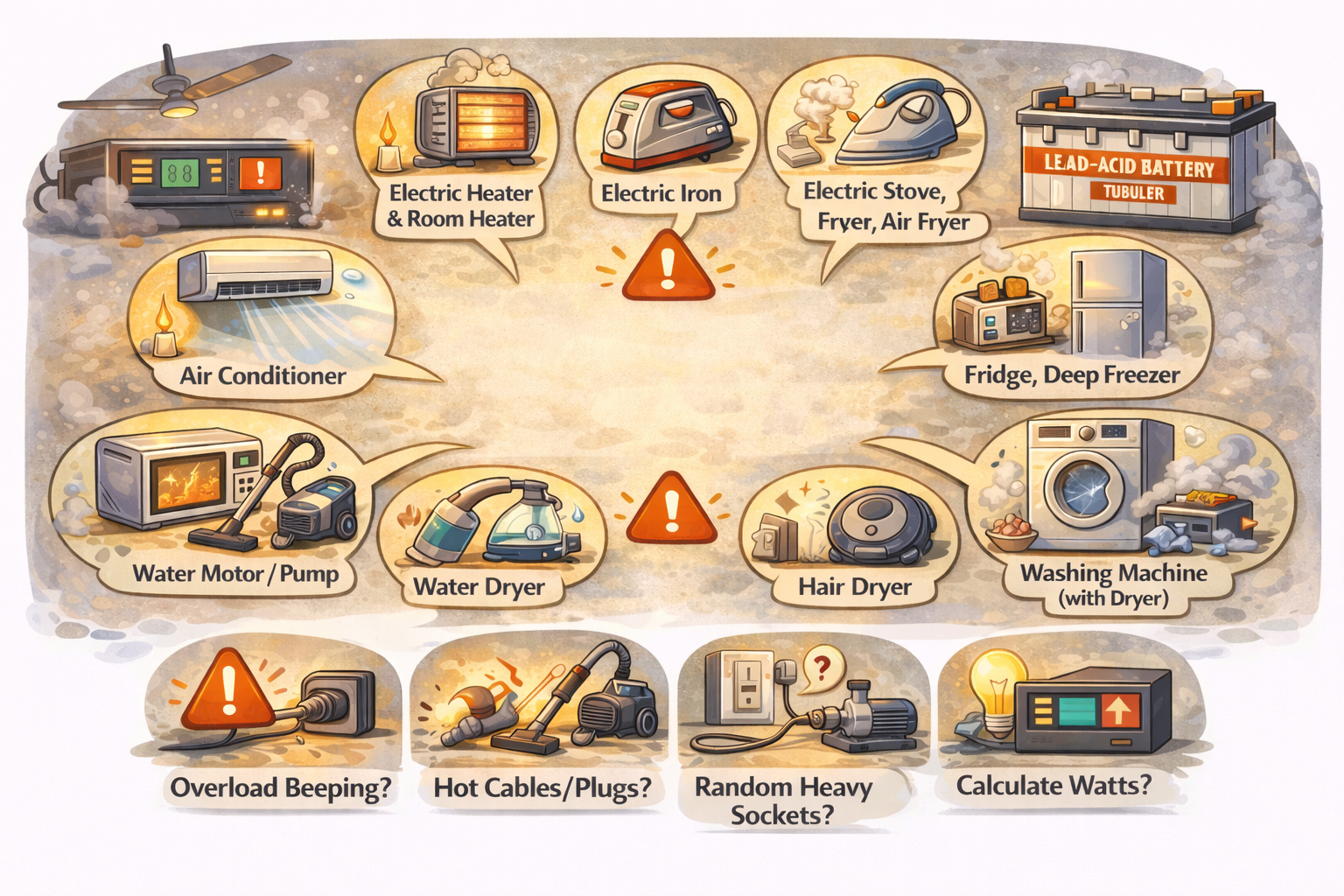 Illustration showing common high-power appliances to avoid on a home UPS/inverter during load shedding—heater, iron, microwave, fridge/freezer, water pump, air conditioner, washing machine, and hair dryer—plus warning signs like overload beeping and hot cables.