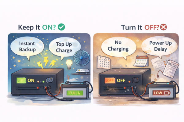 Split flat illustration of a home UPS/inverter: one side shows the unit ON with a full battery and ready backup, the other side shows it OFF with a low battery and missed charging.