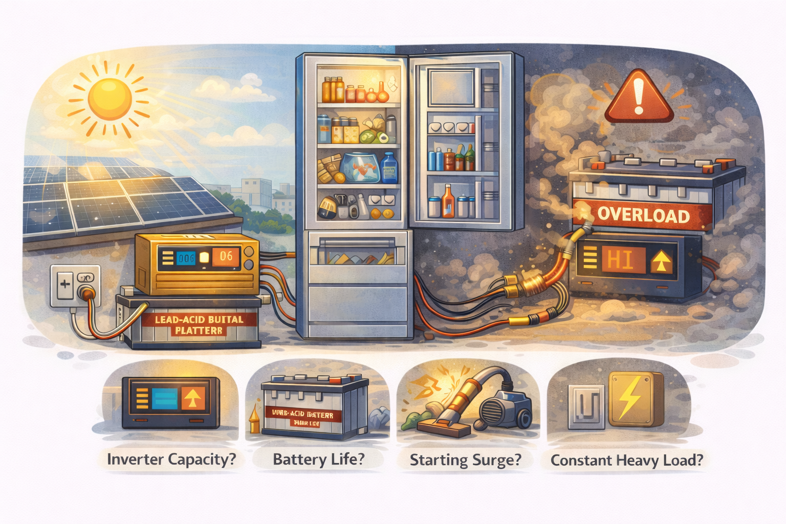 Illustration showing a refrigerator connected to a home UPS/inverter during load shedding, comparing a safe setup versus an overload risk, with icons for key factors like inverter capacity, battery life, starting surge, and constant heavy load.