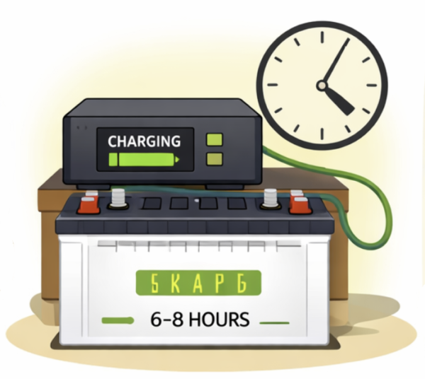 Home inverter battery charging with time indicator showing typical charging hours