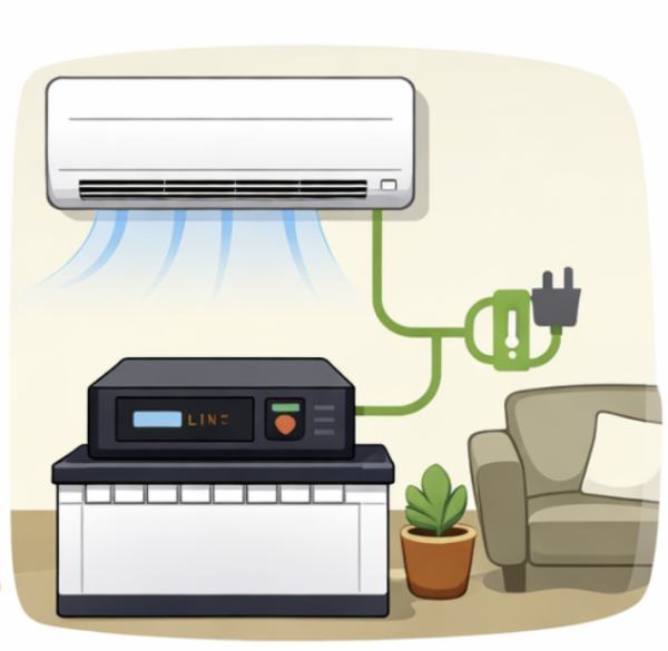 Air conditioner connected to home inverter showing power load from battery backup