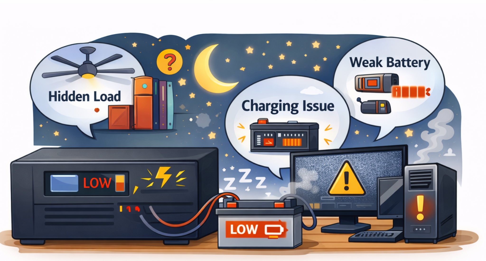 Illustration showing a UPS/inverter powering a computer and TV at night during load shedding, with warning icons for modified sine wave risk, weak battery, and charging issues.